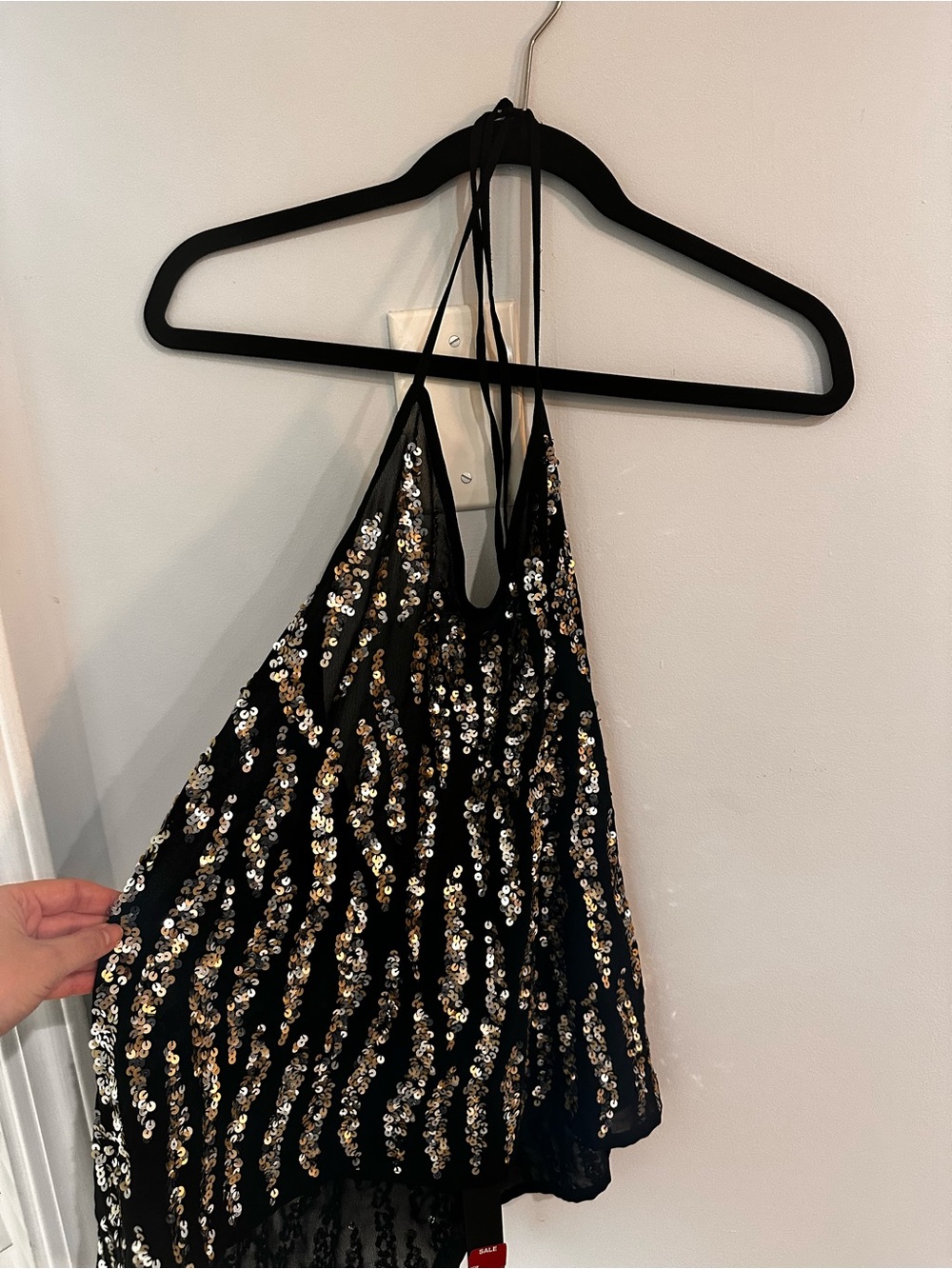 Buckle Black Halter Sequin Tank with Gold & Silver Accents